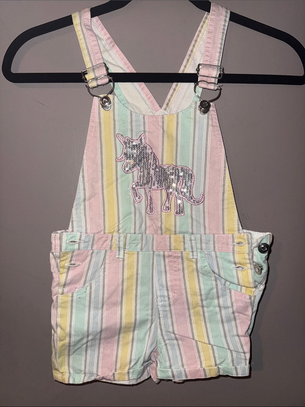 Girls' Pastel Stripe Unicorn Short Overalls